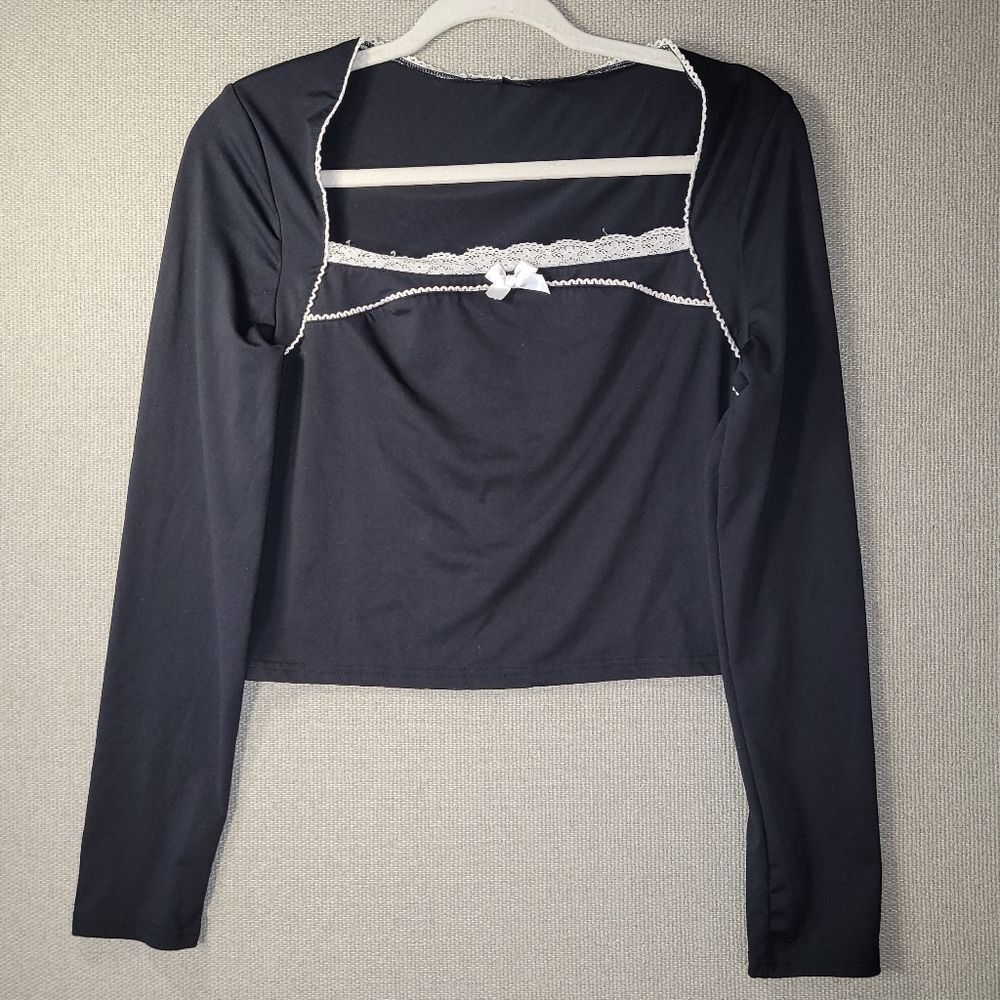 SHEIN Size Large Black Long Sleeve Top with White Lace Detail